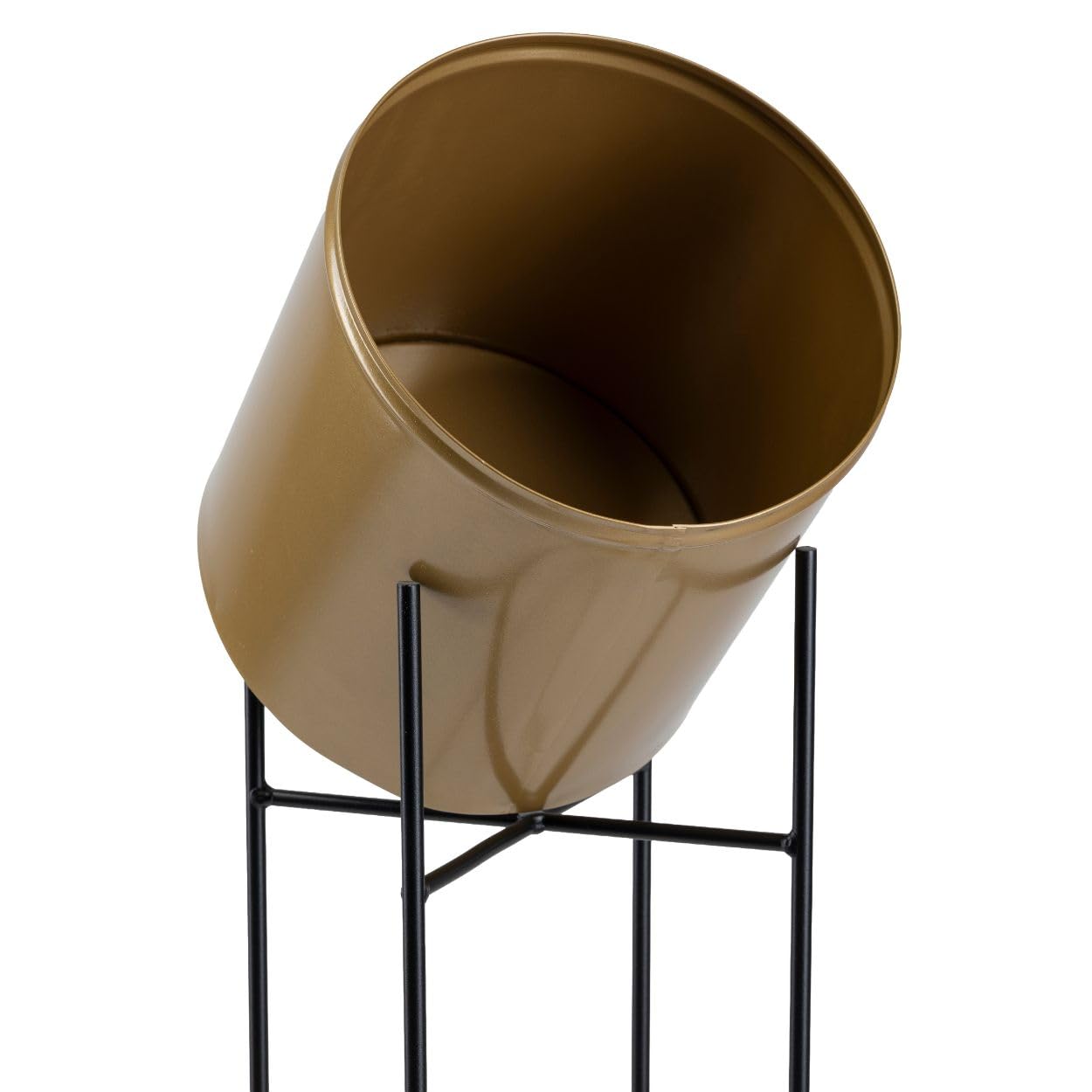 Moderno supporto per fiori in metallo, altezza 95 cm, con vaso d'oro, rotondo 21 cm, diametro su robusto supporto nero – Supporto per piante in stile loft per la decorazione di interni