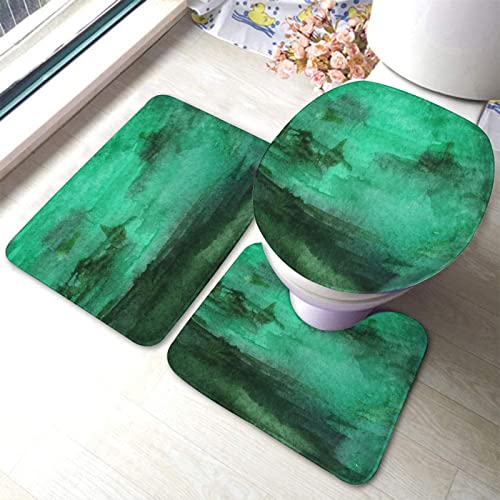 Badematten Set 3 Teilig, Aquarell Grüner Smaragd-Hintergrund Anti-Rutsch Contour Badteppich Weiche...