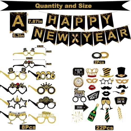 2026 Happy New Years Decorations Set New Years Eve Party Supplies 2026, Gold Numbers 2026 Balloons, New Year Photo Props and Happy New Year Glasses - Image 3