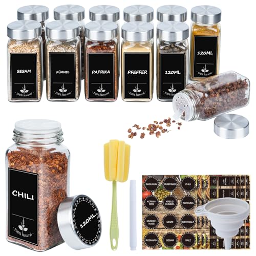 YRHome 12 Stück Gewürzgläser Eckig Set Gewürzglas Aus Glas Spice Jars 120ML Gewürzdosen Mit Etiketten Marker Reinigungsbürste Faltbare Trichter Für Küche Gewürzaufbewahrung-Mit Edelstahldeckel