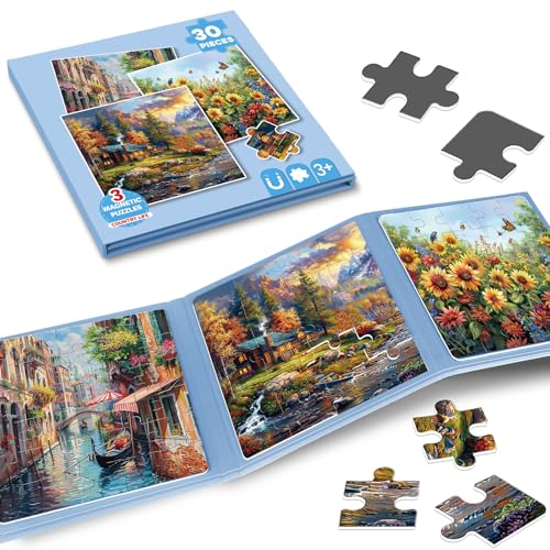 3 Pack Large Piece Dementia Puzzles for Elderly Scenery Magnetic Jigsaw Puzzle Alzheimer Products Cognitive Games for Seniors Puzzle Cognitive Games for Adults Activities for People with Dementia