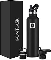 Iron Flask 24oz Insulated Stainless Steel Water Bottle with Straw - BPA-Free, Sweat-Proof, 24Hr Cold 12Hr Hot, Midnight Black