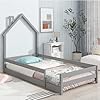 Dolonm twin size montessori toddler floor bed frame modern house shaped frame headboard bed with fences pine wood with full length guardrails bed for girls boyswithout slats grey  urban country home decor