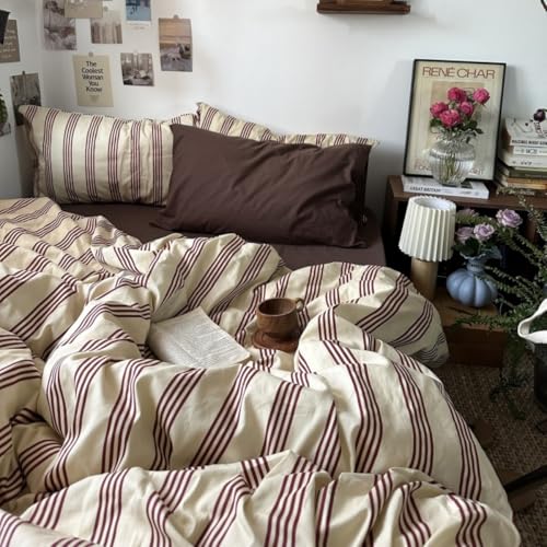 Image of Striped Duvet Cover Set Twin Size Reddish-Brown Stripes Comforter Cover Retro Vertical Ticking Stripes Pattern Soft Breathable Microfiber Bedding Set with Zipper Closure and 1 Pillowcase