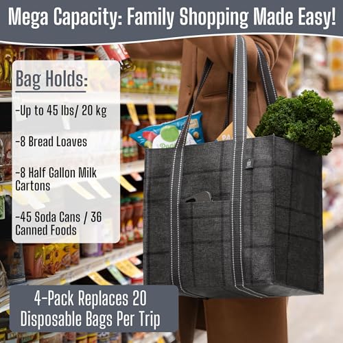 VENO 4 Pack Reusable Grocery Bags with Hard Bottom, Heavy-Duty Shopping Bags for Shopping Cart (Windowpane, 4 Pack) - Image 6