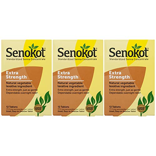 Senokot Extra Strength, 12 Count (3 Pack) Natural Vegetable Laxative Ingredient for Gentle Dependable Overnight Relief of Occasional Constipation, 36 Count Total