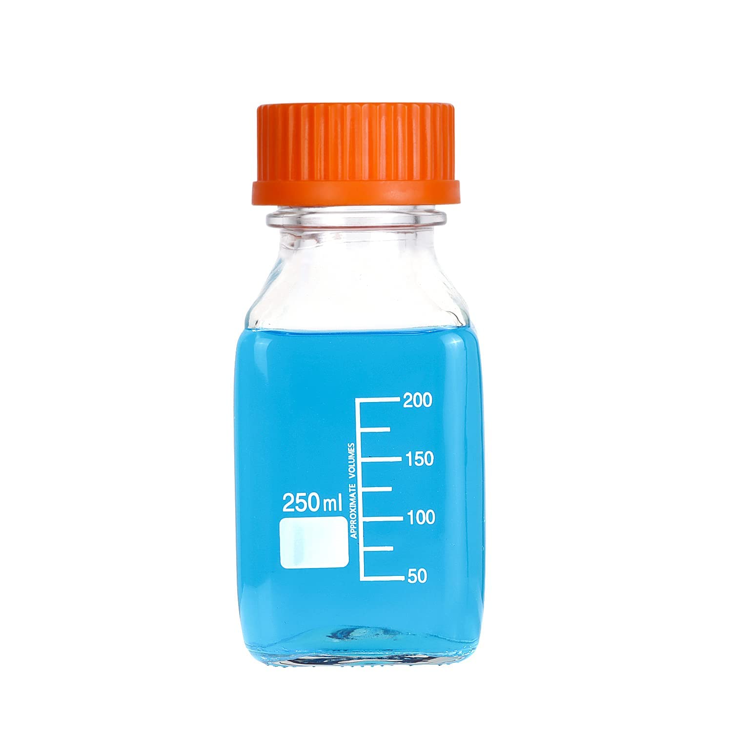 Moonetto Pyrex - Botella de vidrio graduada cuadrada para medios/almacenamiento con tapa de rosca de polipropileno naranja GL45 (250 ml)