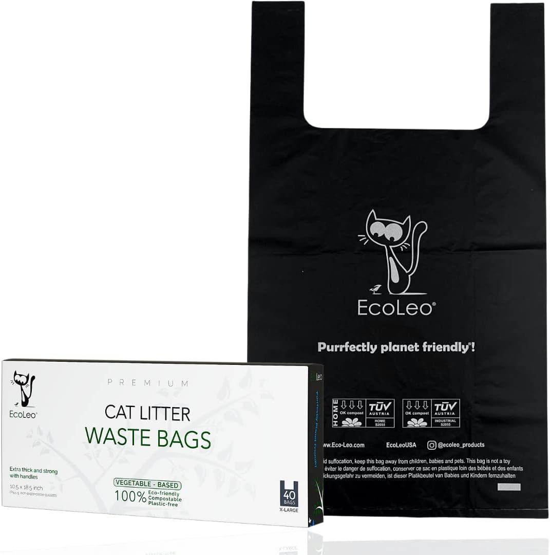 Cat Litter Waste Poop Bags - X-Large, Compostable, Plastic-free, Thick, Leak Proof, Pet/Dog Poo Bags with Easy-Tie Handles,10.5 x 18.5 inch, White, EcoLeo