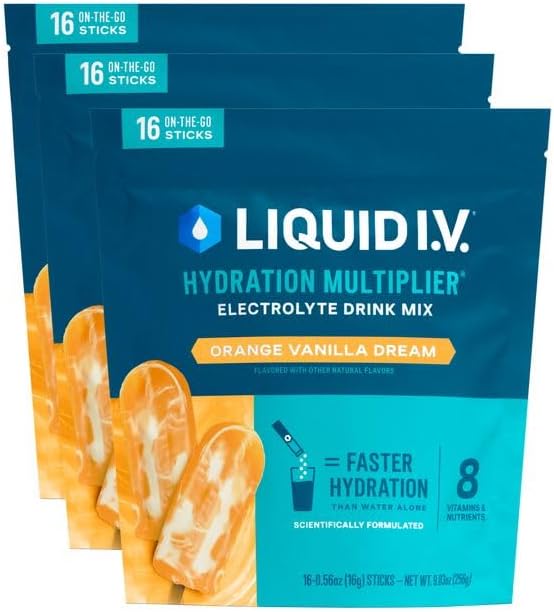 Liquid I.V. Multiplicador de hidratación  Orange Vanilla Dream  Mezcla de bebida en polvo con electrolitos  Paquete de 3 (48 porciones)