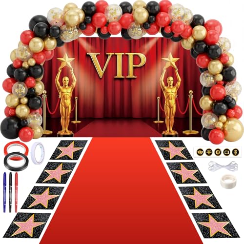 Tiamon 108 Pcs VIP Theme Party Decorations - Red Carpet with VIP Photo Backdrop Star Stickers Red Gold Black Balloons Markers for Movie Night Themed Prom Birthday Party Decorations
