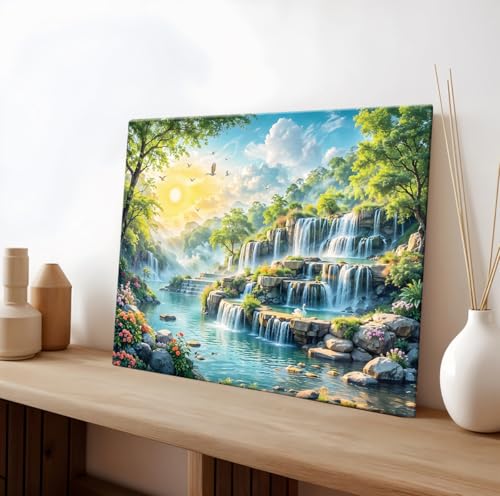 Image of ArtX Canvas Step Waterfall Painting Vastu, Big Size Scenery, Water Stream, Mountain Painting Vastu Water Fall, Multicolor, Nature, 58.0 X 45.0 cm, Set of 1