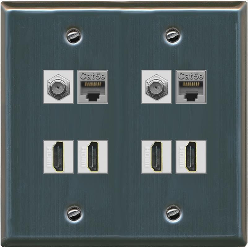 RiteAV 2 Port Coax Cable TV F-Type 2 Cat5e Ethernet 4 HD Wall Plate - Flat 2 Gang [White]