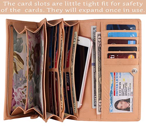 Image of Women's Top Grain Leather Wallet, RFID Blocking Bifold clutch, 17 Card Slots, Zip Pocket Organizer, Elegant Gift for Women - Birthday, Valentine, Anniversary - NATURAL