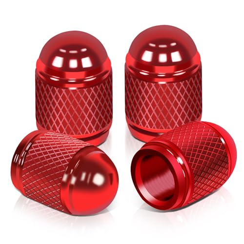 Auto Dynasty Tire Valve Stem Caps 4 Pieces Bullet Style Polished Aluminum Chrome Tire Universal Stem Covers for Cars, SUVs, Bike and Bicycle, Trucks, Motorcycles (Red)