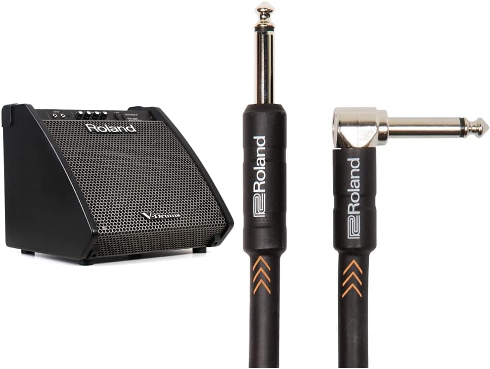 Roland PM-200 Compact Electronic V-Drum Set Monitor, 180-Watt & Black Series Instrument Cable, Angled/Straight 1/4-Inch Jack, 10-Feet