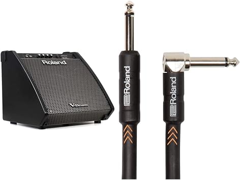 Roland PM-200 Compact Electronic V-Drum Set Monitor, 180-Watt & Black Series Instrument Cable, Angled/Straight 1/4-Inch Jack, 10-Feet