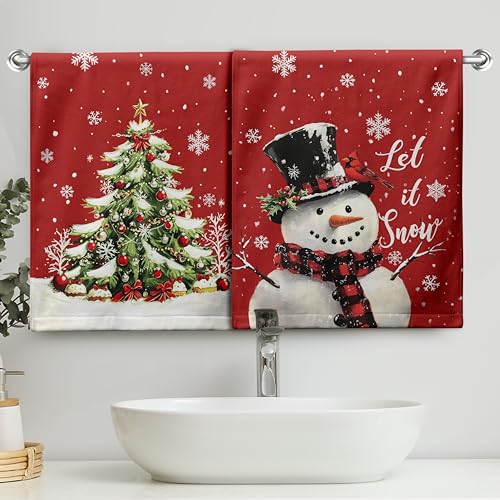 Kwlegh Xmas Hand Towels Snowman and Xmas Tree Kitchen Towels Set of 2 Winter Snowflakes Fingertip Towel Red Holiday Highly Absorbent Towels for Bathroom Cooking 14.4x28.3