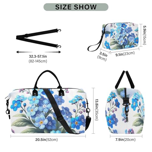 Watercolor Forget-me-not Pattern Duffle Bags for Women Men Waterproof Weekender Overnight Bags Hospital Bag Large Tote Bag with Toiletry Bag for Yoga Gym Travel Sport Hospital3