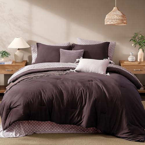 Image of Monbix King Size Comforter Set- 7 Pieces Soft Bed in a Bag King Bedding Set | All Season Plum Prewashed Comforter with Sheets, Pillowcases & Shams
