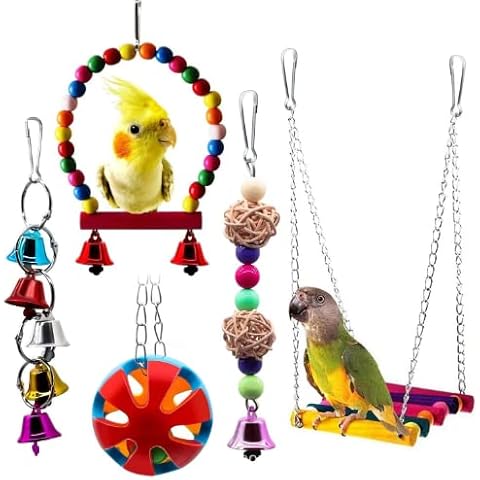 FidosFav 5 Pieces Bird Budgie Cage Swing Chewing Colorful Toys，Standing Hanging Hammock Perch ​Climbing Ladder Parrot Cage Toys for Small Parrots Parakeets Cockatiels Conures Love Birds Finches Cover