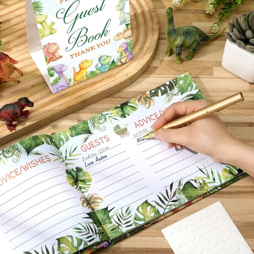 Image of Fuyoooo Dinosaur Baby Shower Guest Book Baby Shower Sign in Guest Book Reception with Baby Sonogram Page Keepsake Includes Gold Pen Table Card and Adhesive Photo Corner for Birthday