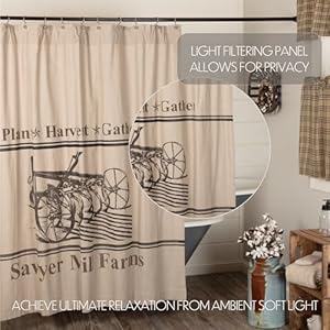 VHC Brands Sawyer Mill Charcoal 100 Cotton Lined Shower Curtain Plant Harvest Gather 72×72