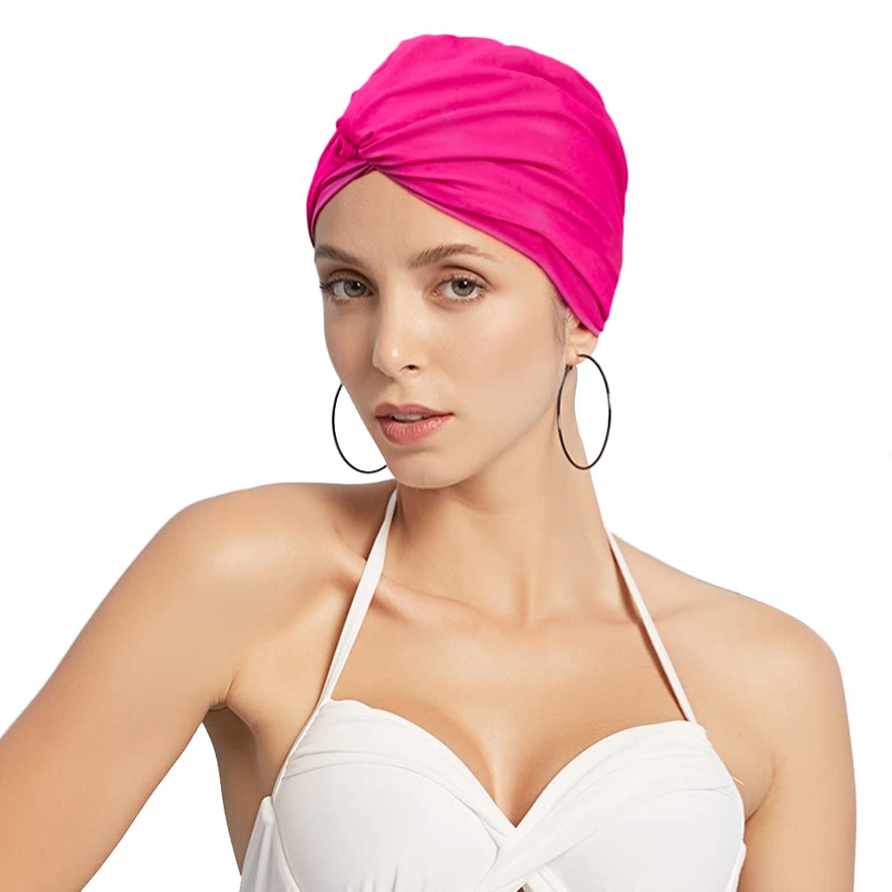 Women Ear Protection Swim Cap Nylon Spandex Stretchable Shower Bathing Cap Soft Cross Beanie Surfing Hat Chemo Turban Style Night Sleep Hat for Long Hair Dreadlocks Weaves Curls
