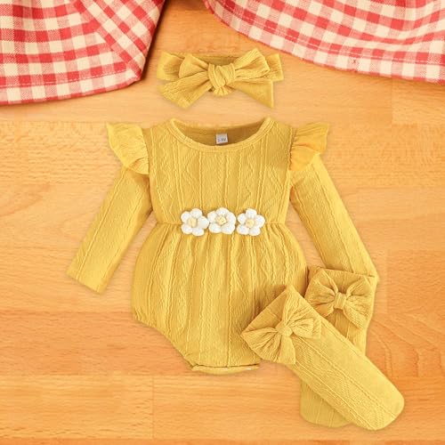 Newborn Infant Baby Girl Cotton Baby Romper Knitted 3d Flower Clothes Long Sleeve Warm Sweater Outfit With Socks3