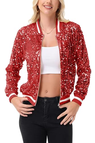 Anna-Kaci Women's Sparkly Sequin Jacket Long Sleeve Zipper Glitter Bomber Jacket Coat with Ribbed Stripe Cuff