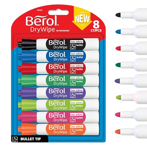Berol Dry Wipe Whiteboard Marker Pens | Bullet Tip | Assorted Colours | 8 Count Dry Erase Markers