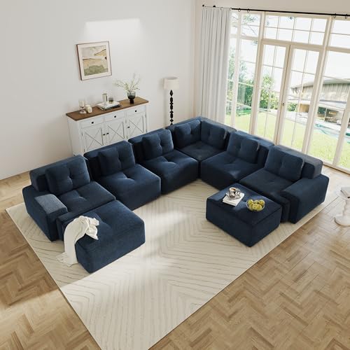 Image of 151.1 inch Large Modular Sectional Sofa for Living Room, 6-Seater V-Shaped Boneless Corner Sofa, Comfy Cloud Couch with 2 Movable Ottomans, Corduroy Design for Family Space, No Assembly, Blue