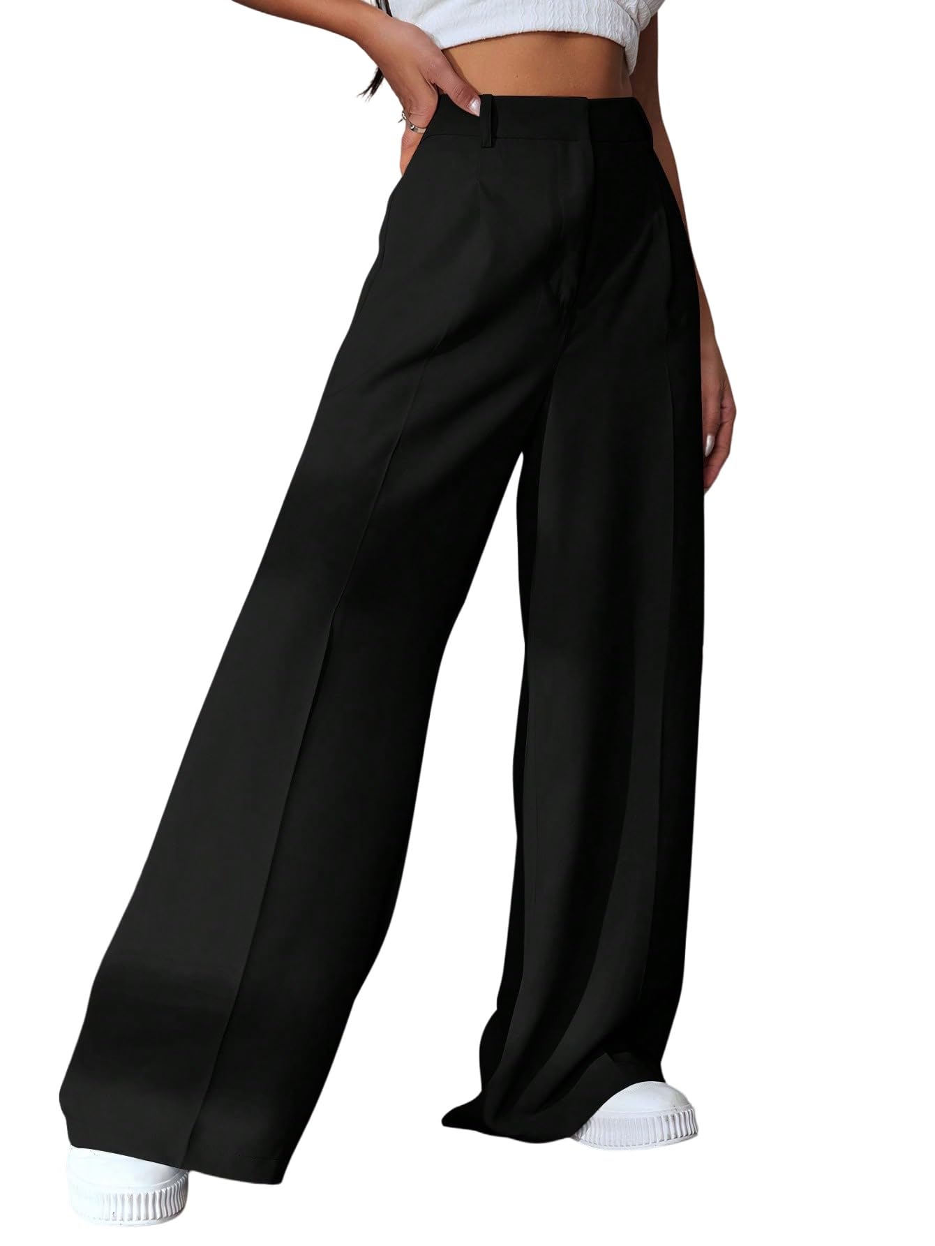 SweatyRocks Pantaloni in tessuto da donna, eleganti, a vita alta, con pieghe, stile Marlene, stile Old Money