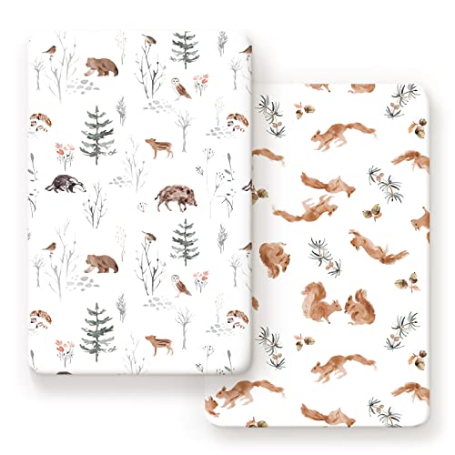 Image of GRSSDER Stretchy Ultra Soft Jersey Knit Pack and Play Sheets 2 Pack, Portable/Mini Crib Sheets Universal Fitted for Playpen Mattress Safe and Snug, Stylish Cute Animal Print Baby Sheets