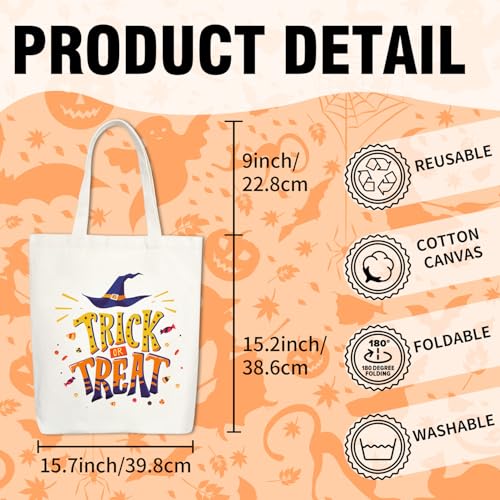 Halloween Tote Bag for Trick or Treat, Trick or Treat Tote Bag, Ghost Design for Halloween Party Supplies, Witch Hat Canvas Reusable Large Totes for Teens - A05 - image 4