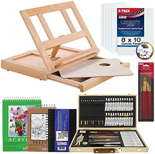 U.S. Art Supply 68-Piece Artist Painting and Drawing Set with Wooden Table Easel, 24 Acrylic Paint Colors, 6 Canvas Panels, 11 Brushes, 12 Colored Pencils, 2 Palettes, Sketch & Painting Pads, Art Case