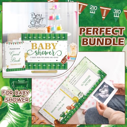 Image of Fuyoooo 27 Pcs Football Baby Shower Guest Book Set Baby Shower Sign in Guest Touch Down It's a Boy Book Place Table Cards with Gold Pen Adhesive Photo Corner for Birthday Party