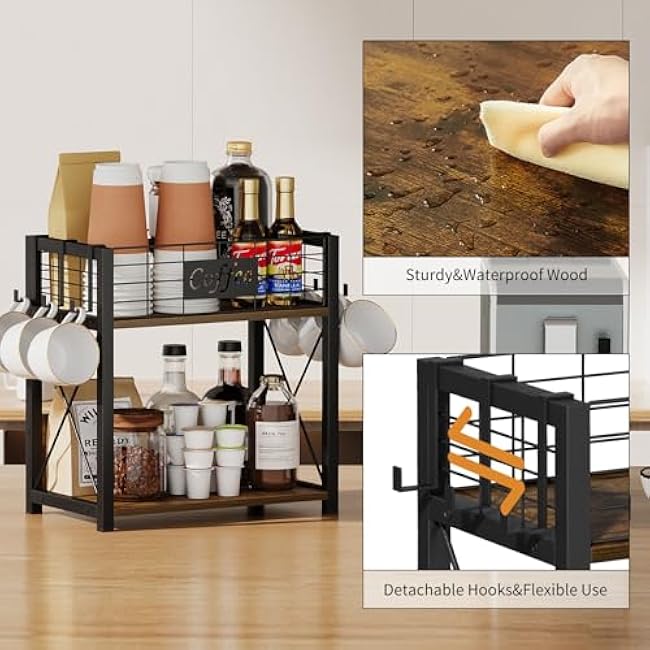 2 Tier Coffee Bar Organizer for Countertop, Coffee Mug Holder Organizer, Coffee Station Countertop Shelf for Home Office, Coffee Accessories Storage Rack with 6 Hooks