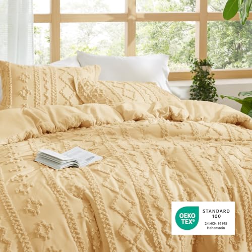 Image of Bedsure Tufted Boho Comforter Set King Size - Yellow Boho Bed Set, GentleSoft 3 Pieces Farmhouse-Style Embroidery Bedding, Gifts for Woman, Soft Jacquard Kids' King Comforter for All Seasons