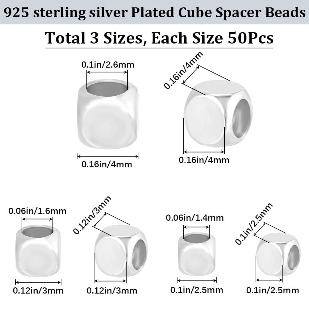 CREATCABIN 150Pcs Cube Spacer Beads 925 Sterling Silver Cornerless Cube Beads Loose 3 Sizes Stackable Metal Small Beads Smooth Beads for Summer Hawaii Bracelet Necklace DIY Jewelry Making 4/3/2.5 mm