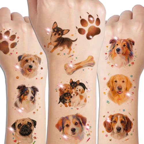 CHARLENT Glitzernde Temporäre Hunde Tattoos für Kinder– 74 einzelne Blätter | Wasserfest und Leicht Abziehbar | Perfekt für Kindergeburtstage, Hundeliebhaber, als Belohnung in der Schule