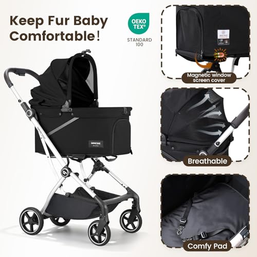 Image of T4 Max Pet Stroller Dog Cat Stroller for Small Medium Dogs Cats, 4 Wheels Travel Folding Carrier Waterproof Puppy Stroller with Pad, Canopy and Cup Holder (T4 Max Black)