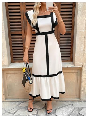 SOLY HUX Women's Square Neck Ruffle Hem Dress Elegant Cap Sleeve Color Block Long Dresses4