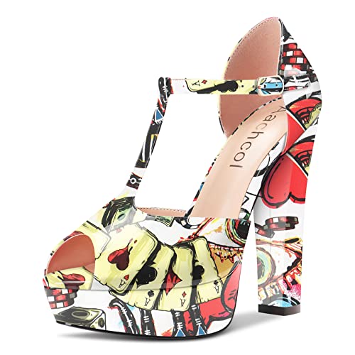 Aachcol Women Platform T-strap Chunky Block High Heel Sandals Round Peep Open Toe Ankle Strap Two-Piece Dress Shoes Pumps Party Wedding Patent 5 Inch