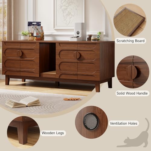 Image of ONBRILL 59 inch Cat Litter Box Enclosure for 2 Cats, Cat Litter Boxes, Walnut