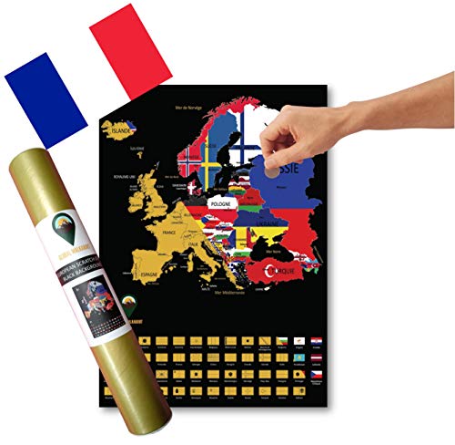 Global Walkabout FRANÇAISE - A3 Carte à gratter des DRAPEAUX EUROPÉENS avec des drapeaux en arrière-plan - Affiche de voyage de lujo - Pays et faits - Cadeau de voyage - Carte A3 (Noir)