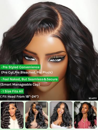 Image of KLAIYI Loose Body Wave Pre Everything Glueless 13x4Lace Front Wig Human Hair Drawstring Precut Lace Pre Plucked Bleached Bye Bye Knots 3S Ready to Wear and Go Wig with Face Framing Curtain Bang 16Inch