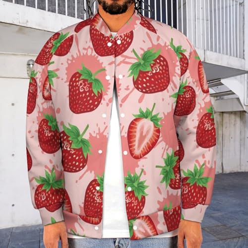VOSERY Cute Strawberry Juice Bomber Jacket Men, Casual Varsity Jacket Men, Baseball Bomber Jackets with Pocket3