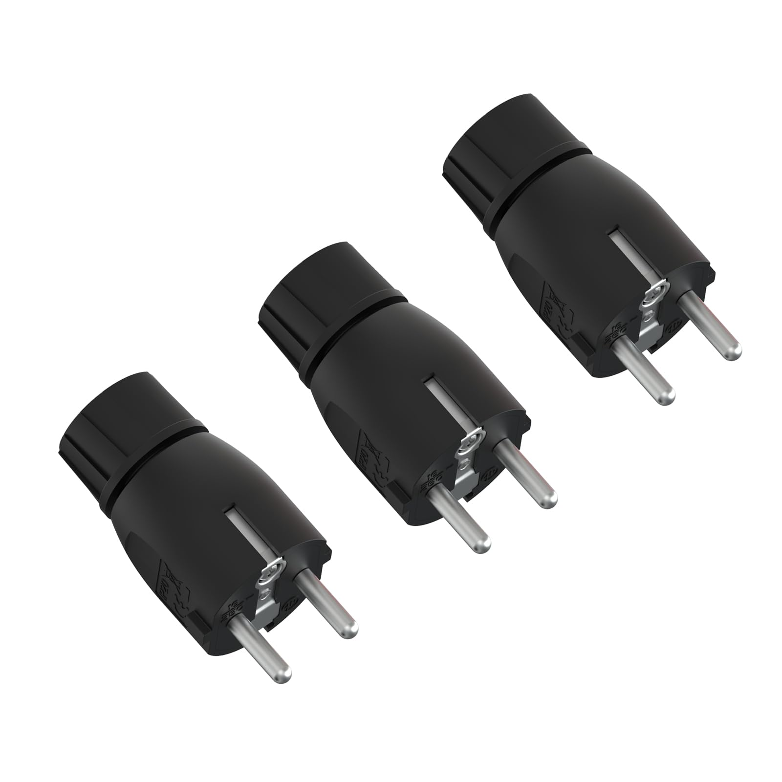 Temolink Schuko Stecker 3 Stück, Gerader Schutzkontaktstecker mit Knickschutz, Schukostecker für Kabel bis 2,5 mm², IP20 Stromstecker für den Innenbereich, 250 V 16A, Kunststoff, Schwarz
