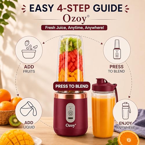 Image of Juicer for Home ^ CITRODA Juicer Mixer Grinder with 1500mAh Battery, 6 Blades 3Gears Fast Blending, 2-Jar Capacity (400ml*2) | 40 Watts Bullet Rechargeable Portable Personal Juicer (Maroon)