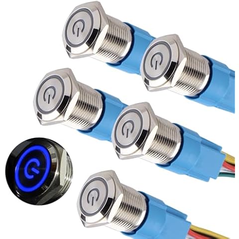 DMWD 5Pcs 16mm Metal Latching Push Button Switch Waterproof Anti-Vandal Silver Shell 12V-24V 1NO 1NC ON/Off for 5/8" Mounting Hole with Pigtail with Power Symbol Blue LED Cover